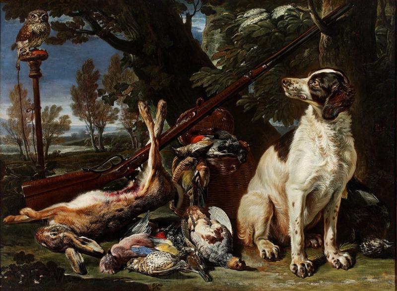 David de Coninck The hunter's trophy with a dog and an owl Norge oil painting art